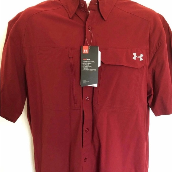 Under Armour Large L UPF 50+ maroon moisture wick vented button logo shirt NWT - Picture 2 of 10